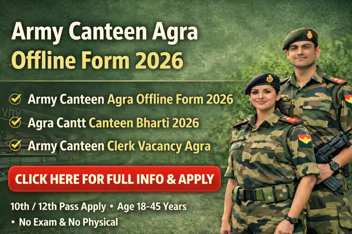 Army Canteen Agra Offline Form 2026 banner showing Shatrujeet Unit Run Canteen Agra Vacancy details, Clerk posts, 10th 12th pass eligibility and offline application process
