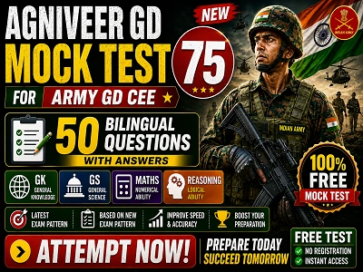 Agniveer GD Mock Test 75 Free Online Practice Test 2026 for Army Agniveer GD CEE Exam with GK GS Maths and Reasoning Questions